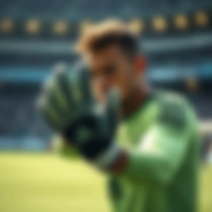 Performance in Action: Flexibility and Grip A professional goalkeeper demonstrating the flexibility and grip of the Adidas Predator gloves during a match.