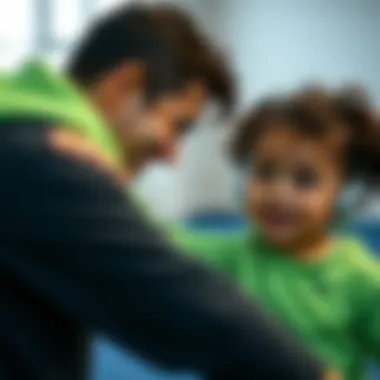 An adult encouraging a child during a fun exercise session