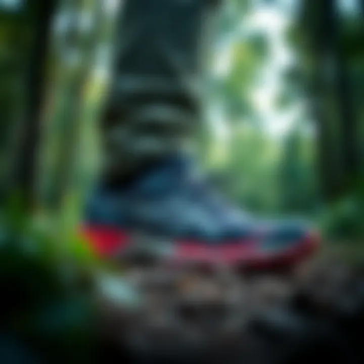 Adventurer wearing Asics outdoor shoes in vibrant forest