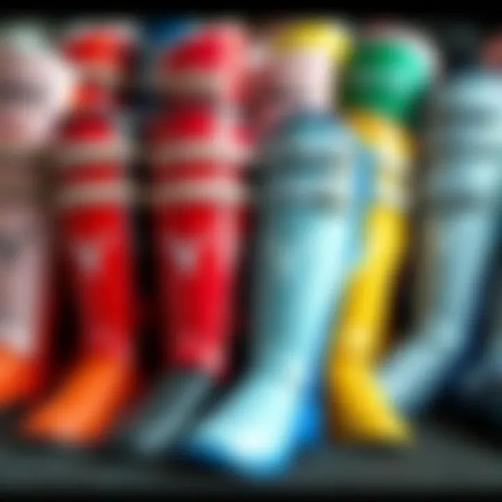 A variety of colorful shin guards displayed together