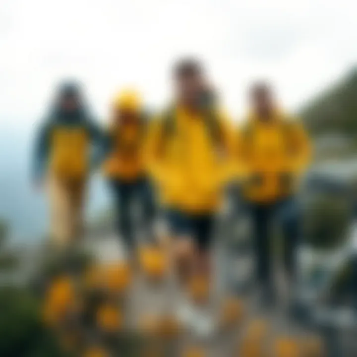 A group of friends wearing Columbia yellow jackets during an adventure