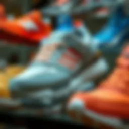 Dynamic display of various sports shoes suitable for boys