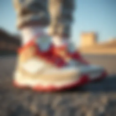 Close-up of trendy sports boots in a fashionable outfit