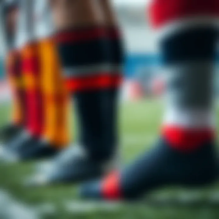 Close-up of different football long sock designs