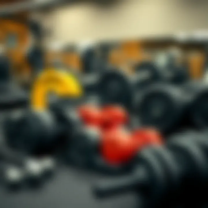 A diverse set of weights and gym equipment arranged for a chest workout