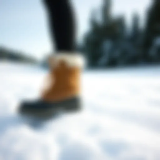 Stylish winter boots in a snowy landscape