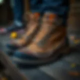 Stylish lumberjack shoes on a wooden surface