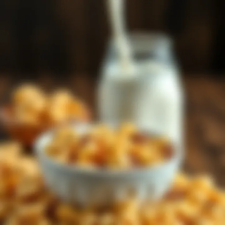 Delicious Corn Flakes with Milk and Nuts Close-up of corn flakes with milk and nuts