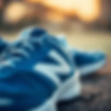 Close-up of the intricate design details of the blue and white New Balance shoes.