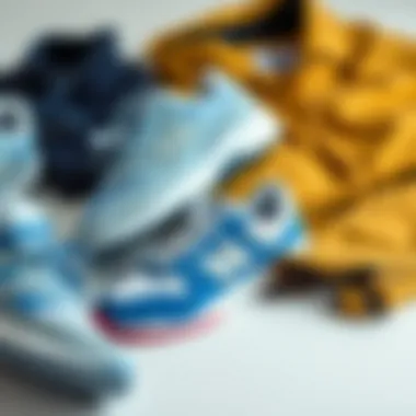 Stylish arrangement of New Balance blue and white shoes alongside trendy apparel.