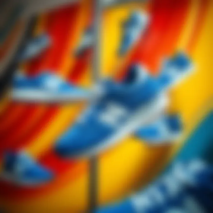 Dynamic display of New Balance's blue and white shoes on a vibrant background.