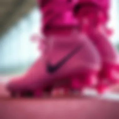 Close-up of Nike pink boots showcasing design details