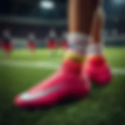 Stylish pink Nike football boots on a pitch