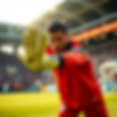 Goalkeeper in Action with Nike Phantom Elite Action shot of a goalkeeper wearing the Nike Phantom Elite glove in a competitive match setting.