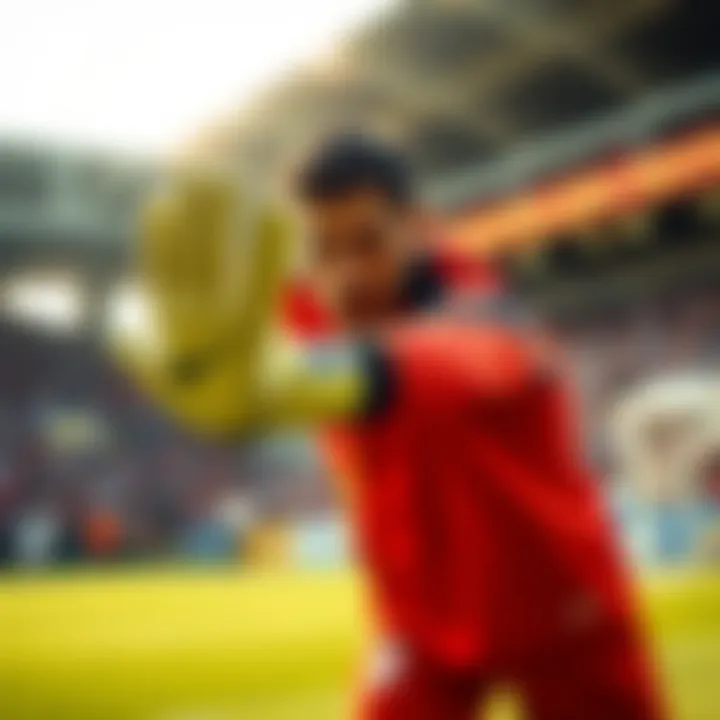 Goalkeeper in Action with Nike Phantom Elite Action shot of a goalkeeper wearing the Nike Phantom Elite glove in a competitive match setting.