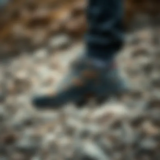 A rugged outdoor shoe on a rocky terrain