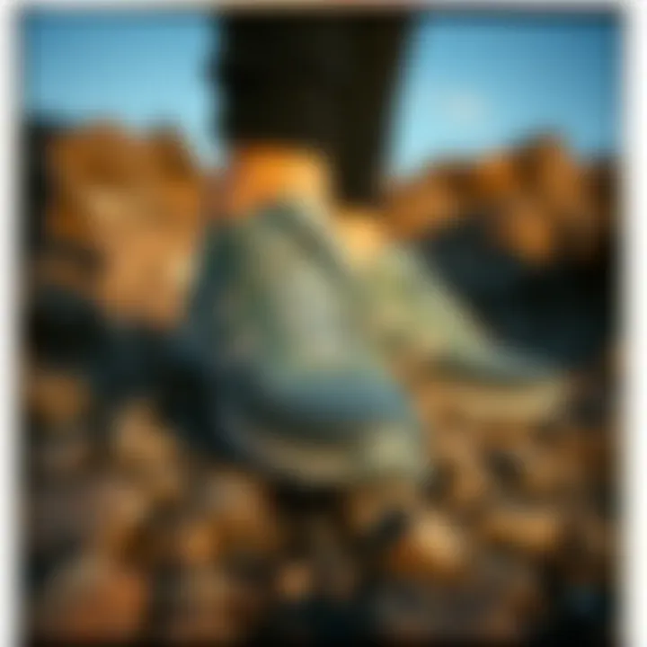 Durable Outdoor Shoes A pair of durable outdoor shoes on rocky terrain