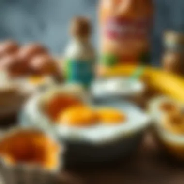 An assortment of protein-rich breakfast items including eggs and yogurt