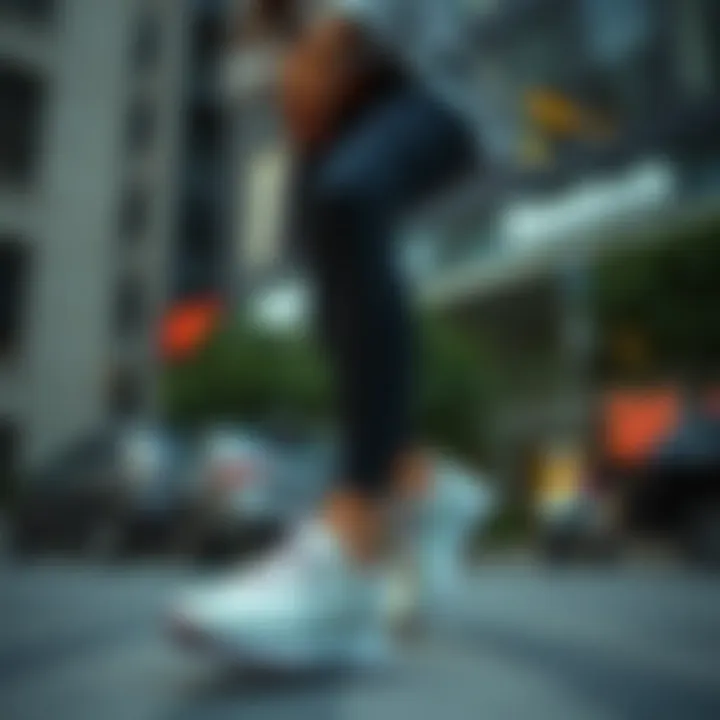 A woman confidently wearing Reebok shoes in an urban environment.