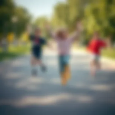 Happy children jumping in Reebok sports shoes in a park setting