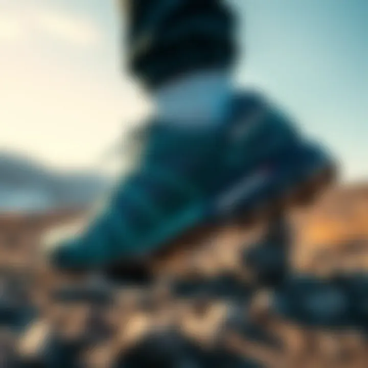 Dynamic view of Salomon Speedcross 4 shoes on rugged terrain