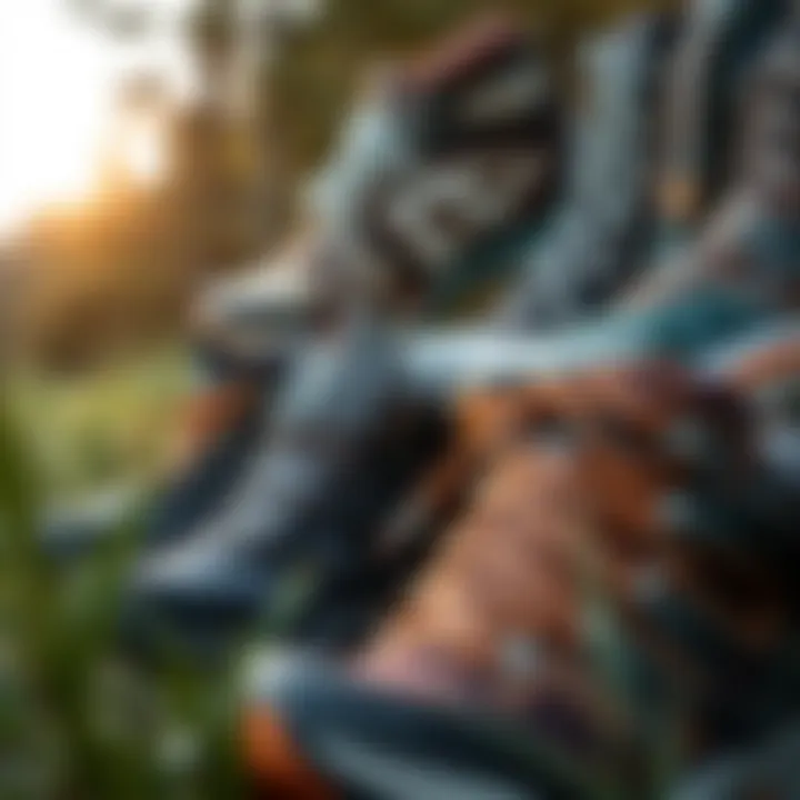 A selection of hiking shoes displayed in a natural setting