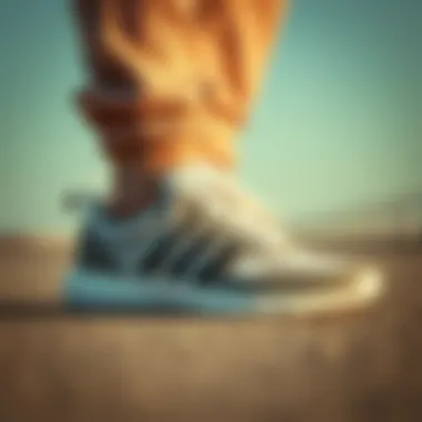 A fashionable pair of sports shoes paired with trendy athleisure attire.