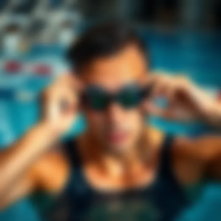 Swimmer adjusting goggles before diving into the pool