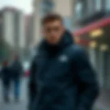 A stylish TNF jacket showcasing its sleek design in an urban setting.