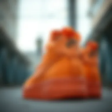 Intricate Design Details of Orange Nike Air Force Close-up view of orange Nike Air Force showcasing intricate design details.