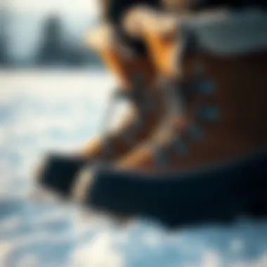 Close-up of warm winter boots on a snowy landscape