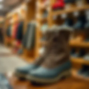 A fashionable pair of winter boots on display in a store