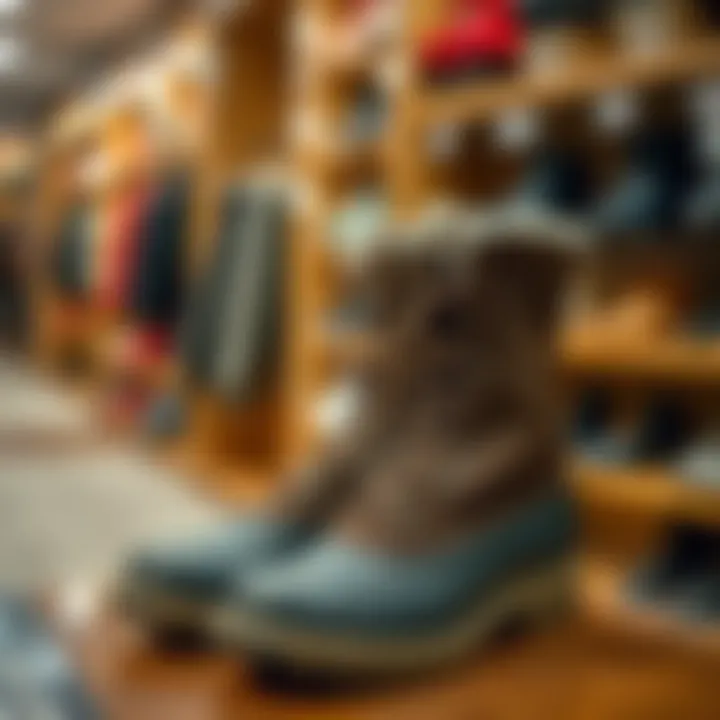 A fashionable pair of winter boots on display in a store